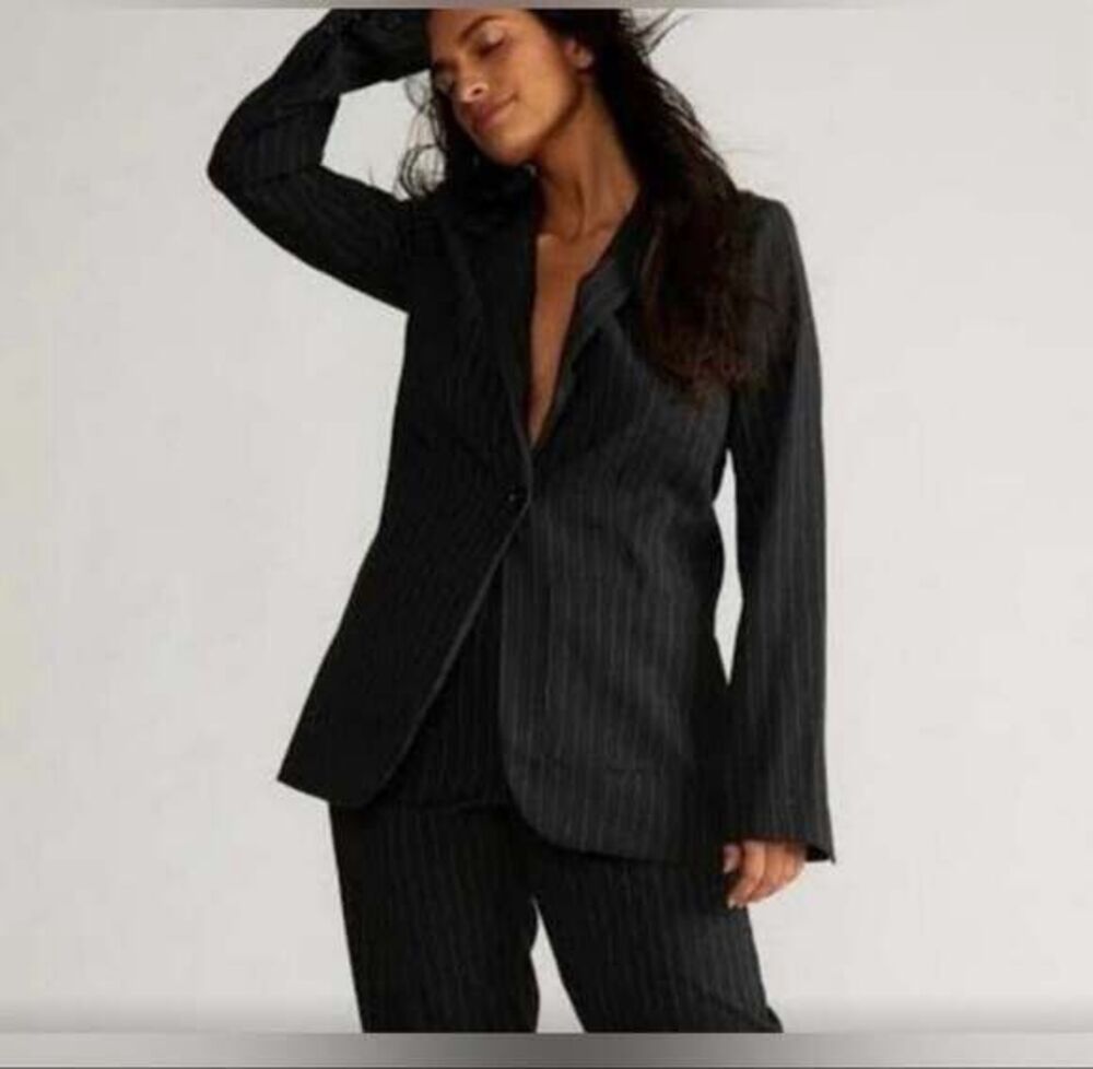Norma Kamali Boyfriend Jacket Blazer Black Pinstripe Single Breasted, women’s 12